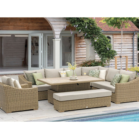 Rattan L-Shape Sofa with Rectangle Piston Adjustable Height Table, Bench & Chairgarden