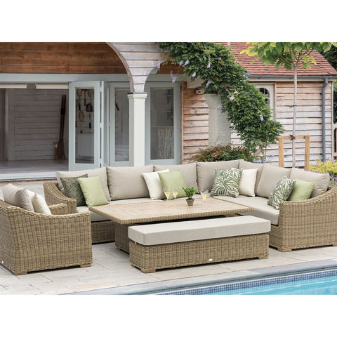 Rattan L-Shape Sofa with Rectangle Piston Adjustable Height Table, Bench & Chairgarden