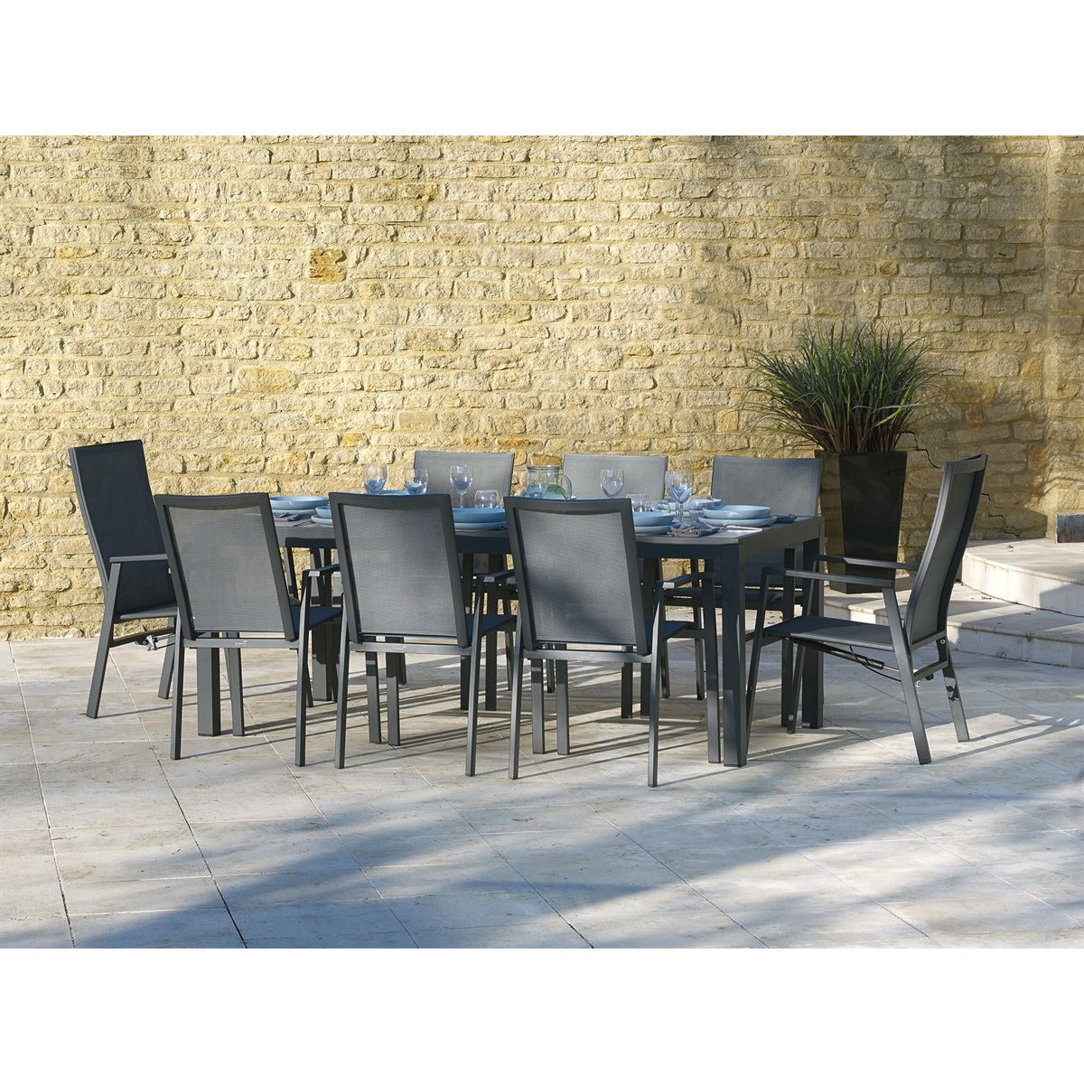 Textilene 8 Seat Rectangle Dining Set, including 2 Recliners, with Parasol & Basegarden