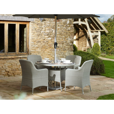 Cloud Rattan 4 Seat Round Dining Set with Tree-Free Top, Parasol & Basegarden