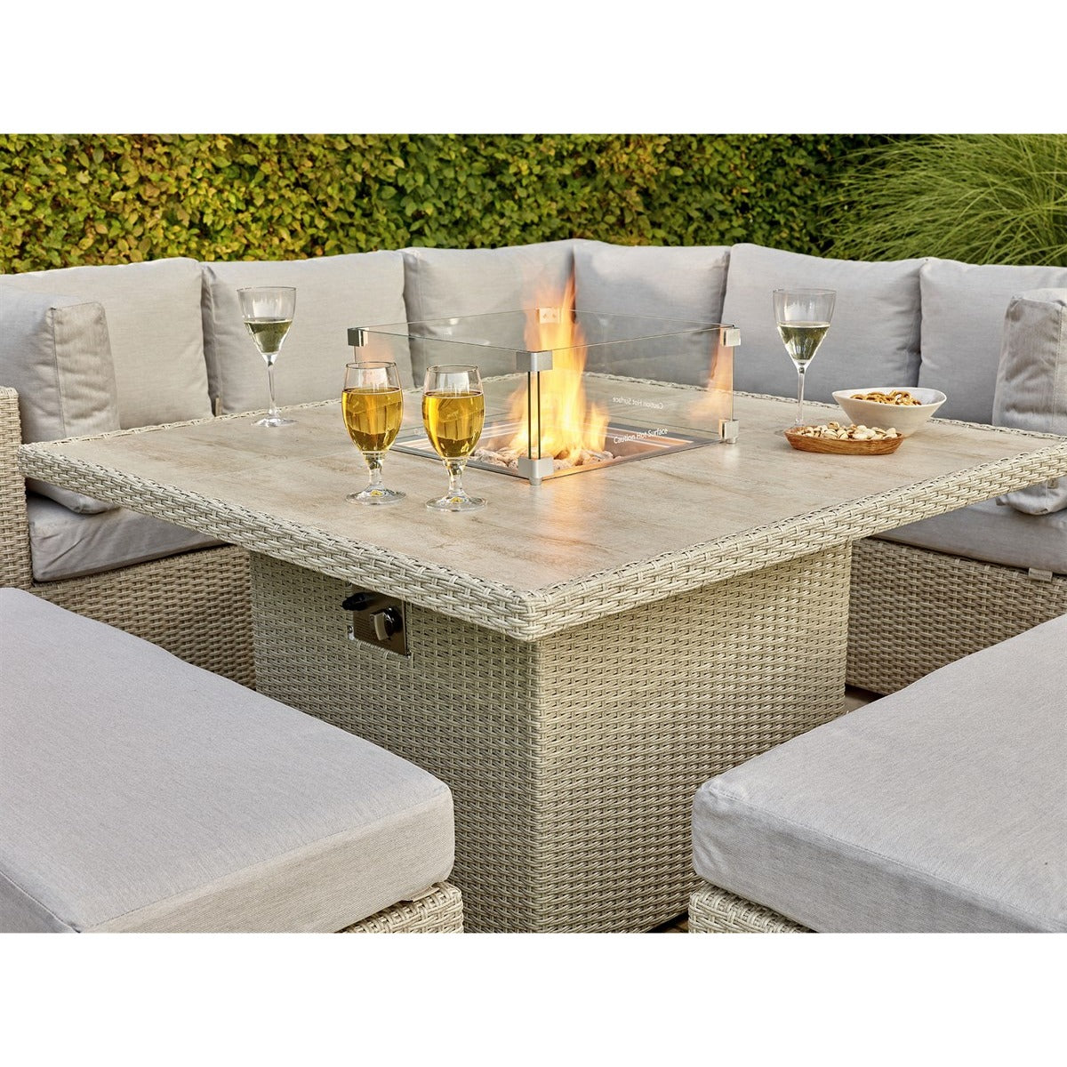 Nutmeg Rattan Corner Sofa with Square Firepit Table & 2 Benchesgarden