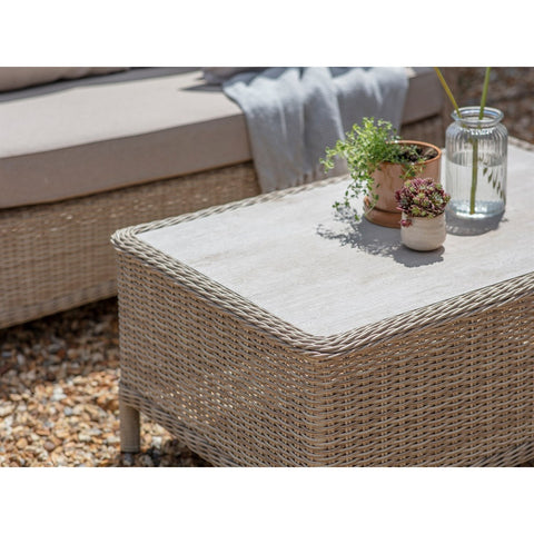 Sandstone Rattan 2 Seater Sofa with Rectangle Coffee Table & 2 Armchairsgarden