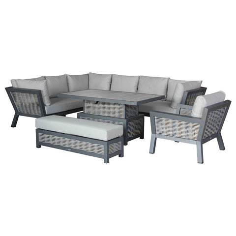 Wicker L-Shape Sofa with Rectangle Piston Adjustable Height Table, Bench & Chairgarden