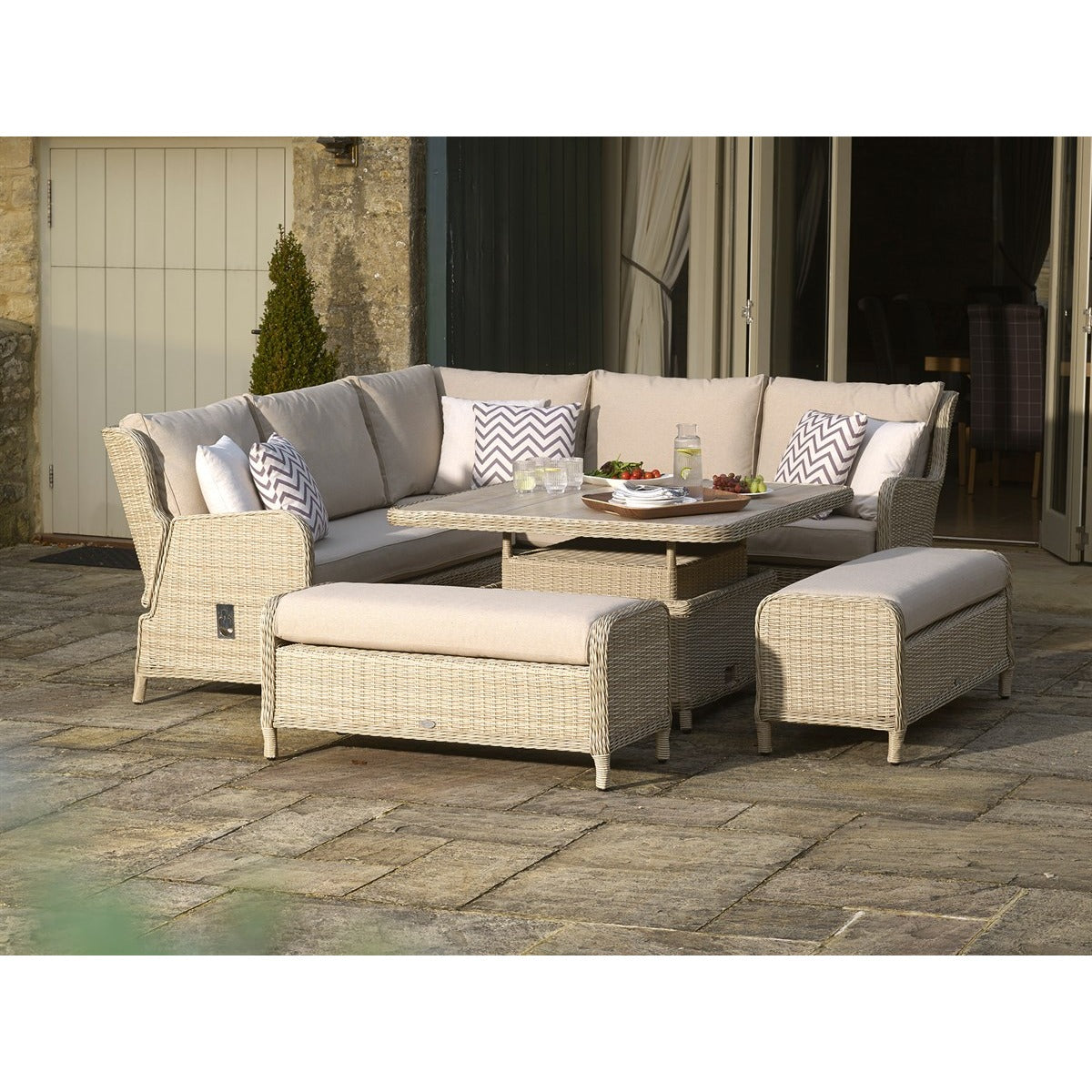 Sandstone Rattan Reclining Corner Sofa with Square Dual Height Table & 2 Benchesgarden