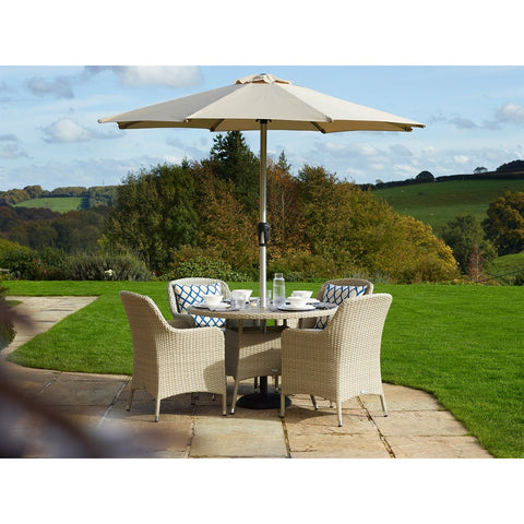 Nutmeg Rattan 4 Seat Round Dining Set with Tree-Free Top, Parasol & Basegarden