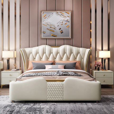 Postmodern Stainless Steel Frame Luxury White Leather Bed King Size Bed Frame Bed Room Furniture bed