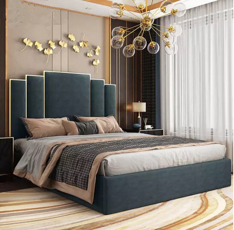 Latest double bed designs golden stainless steel headboard velvet bed frame full size couple queen double bed