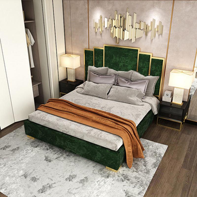 Latest double bed designs golden stainless steel headboard velvet bed frame full size couple queen double bed