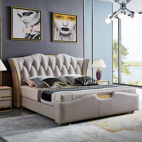 Postmodern Stainless Steel Frame Luxury White Leather Bed King Size Bed Frame Bed Room Furniture bed