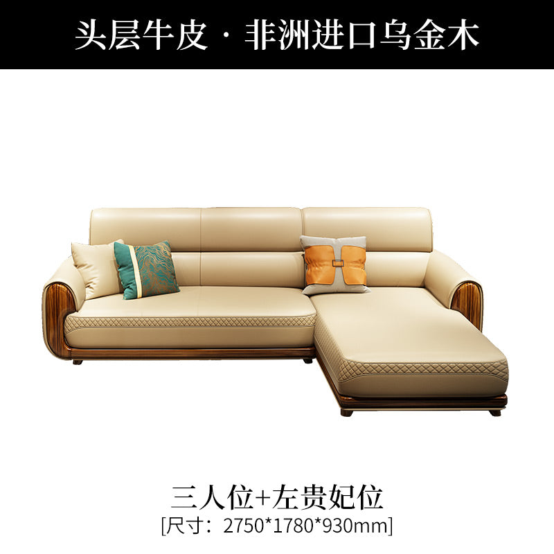 modern Ugyen wooden sofa genuine leather small apartment living room solid wood corner sofa